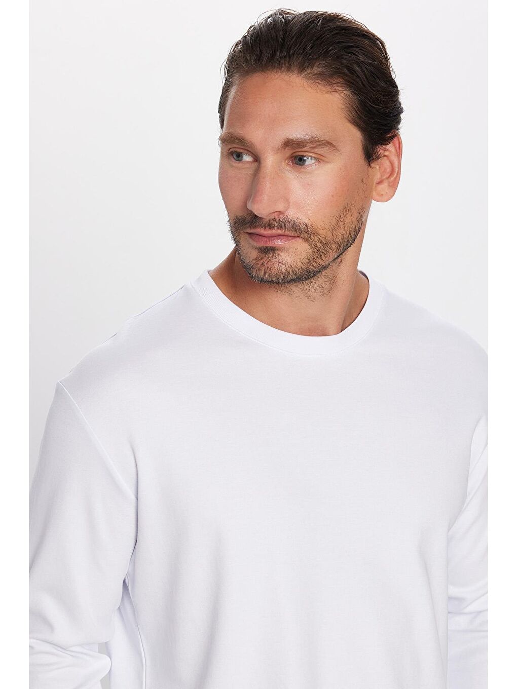 Unisex Relax Fit Rahat Kesim %100 Pamuk Bisiklet Yaka Beyaz Sweatshirt-1