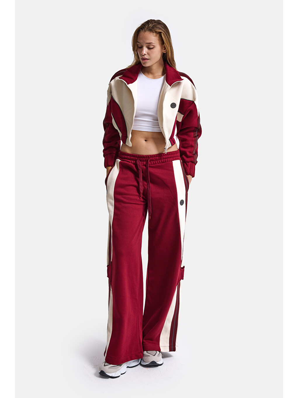 Kadın Bordo Bej W6-35 Crop Sweatshirt Eşofman Pantolon 2'li Tasarım Takım-1