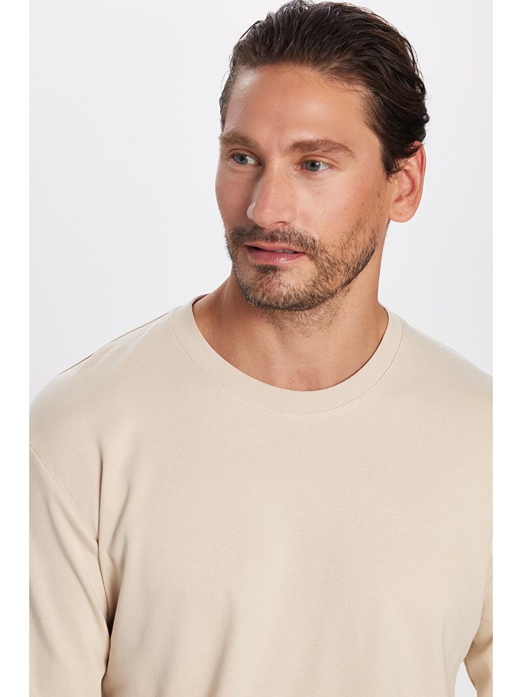 Unisex Relax Fit Rahat Kesim %100 Pamuk Bisiklet Yaka Bej Sweatshirt-1