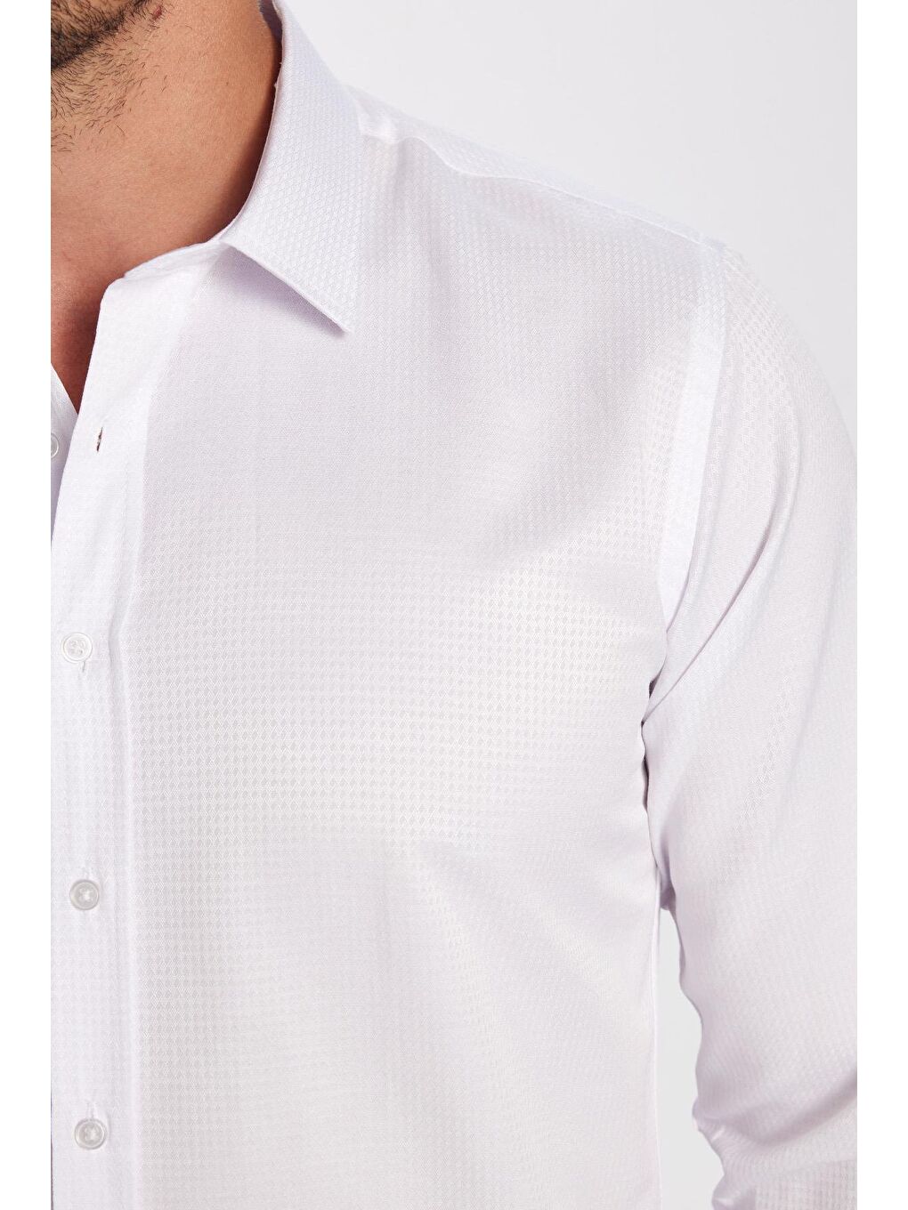 Erkek Modern Fit Dar Kesim Pamuklu Kolay Ütü Armürlü Beyaz Gömlek-1
