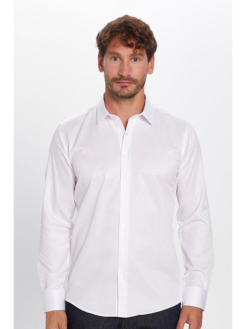 Erkek Modern Fit Dar Kesim Pamuklu Kolay Ütü Armürlü Beyaz Gömlek-2
