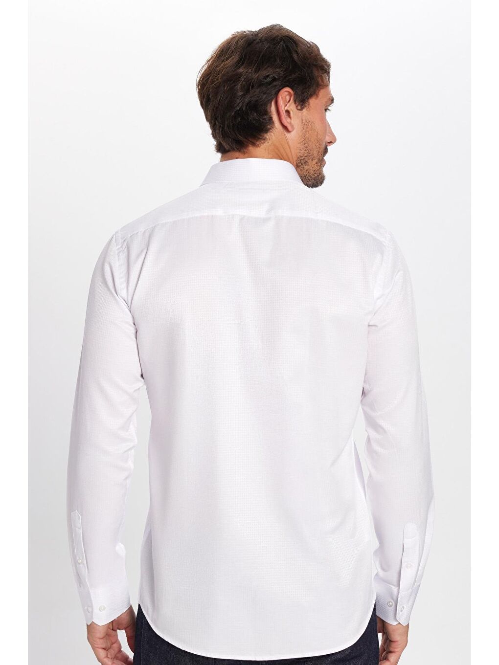 Erkek Modern Fit Dar Kesim Pamuklu Kolay Ütü Armürlü Beyaz Gömlek-3