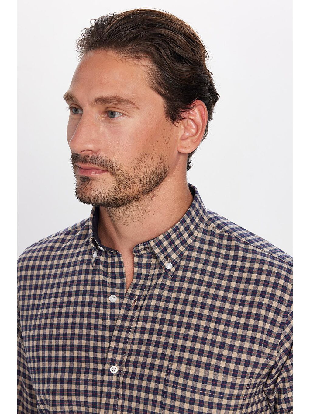 Karışık Erkek Regular Fit Klasik Kesim Düğmeli Yaka Küçük Kareli Pamuklu Gömlek