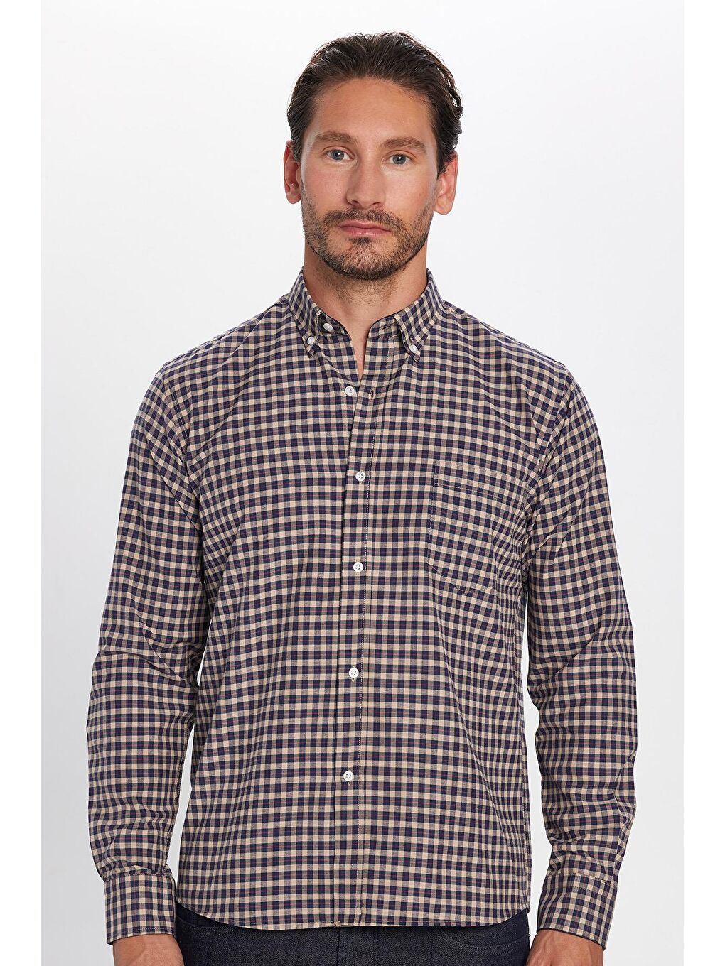 Karışık Erkek Regular Fit Klasik Kesim Düğmeli Yaka Küçük Kareli Pamuklu Gömlek-2