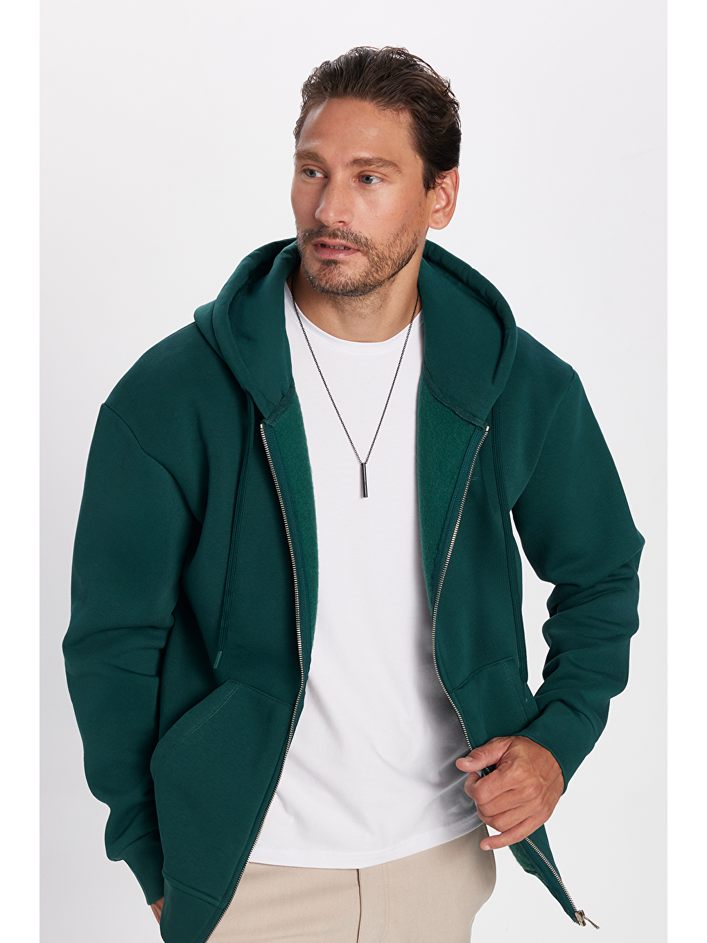 TUDORS Unisex Relax Fit Rahat Kesim Pamuklu İçi Polarlı Çift Cepli  Yeşil Kapüşonlu Fermuarlı Sweatshirt