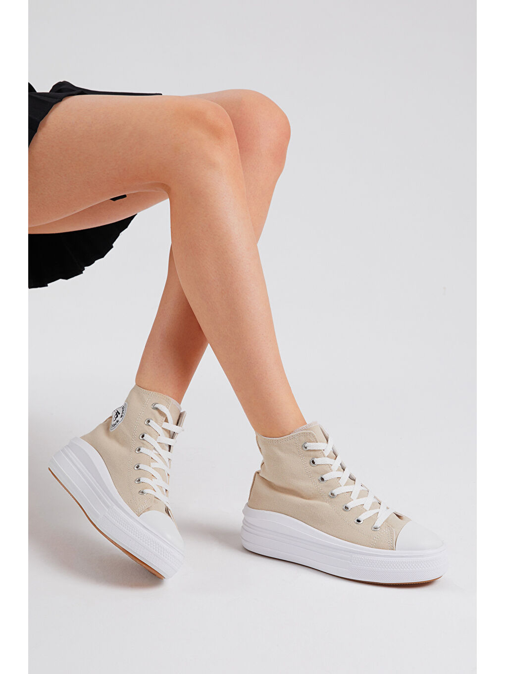 Kadın Bej Rahat Kalıp Kalın Tabanlı Uzun Spor Ayakkabı-4