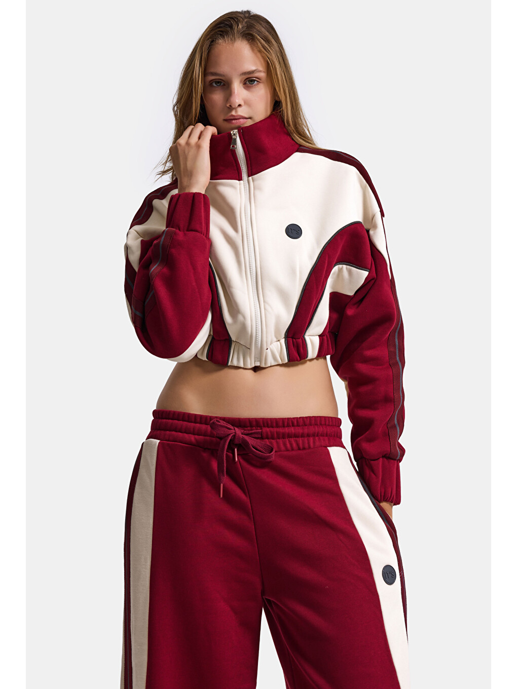 Kadın Bordo Bej W6-35 Crop Sweatshirt Eşofman Pantolon 2'li Tasarım Takım-2