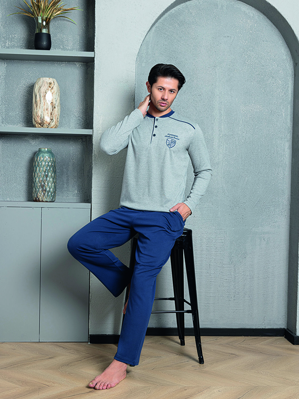 Lacivert Erkek Pijama Takımı İnterlok Omuz Ara Biyeli Pamuklu Mevsimlik-1