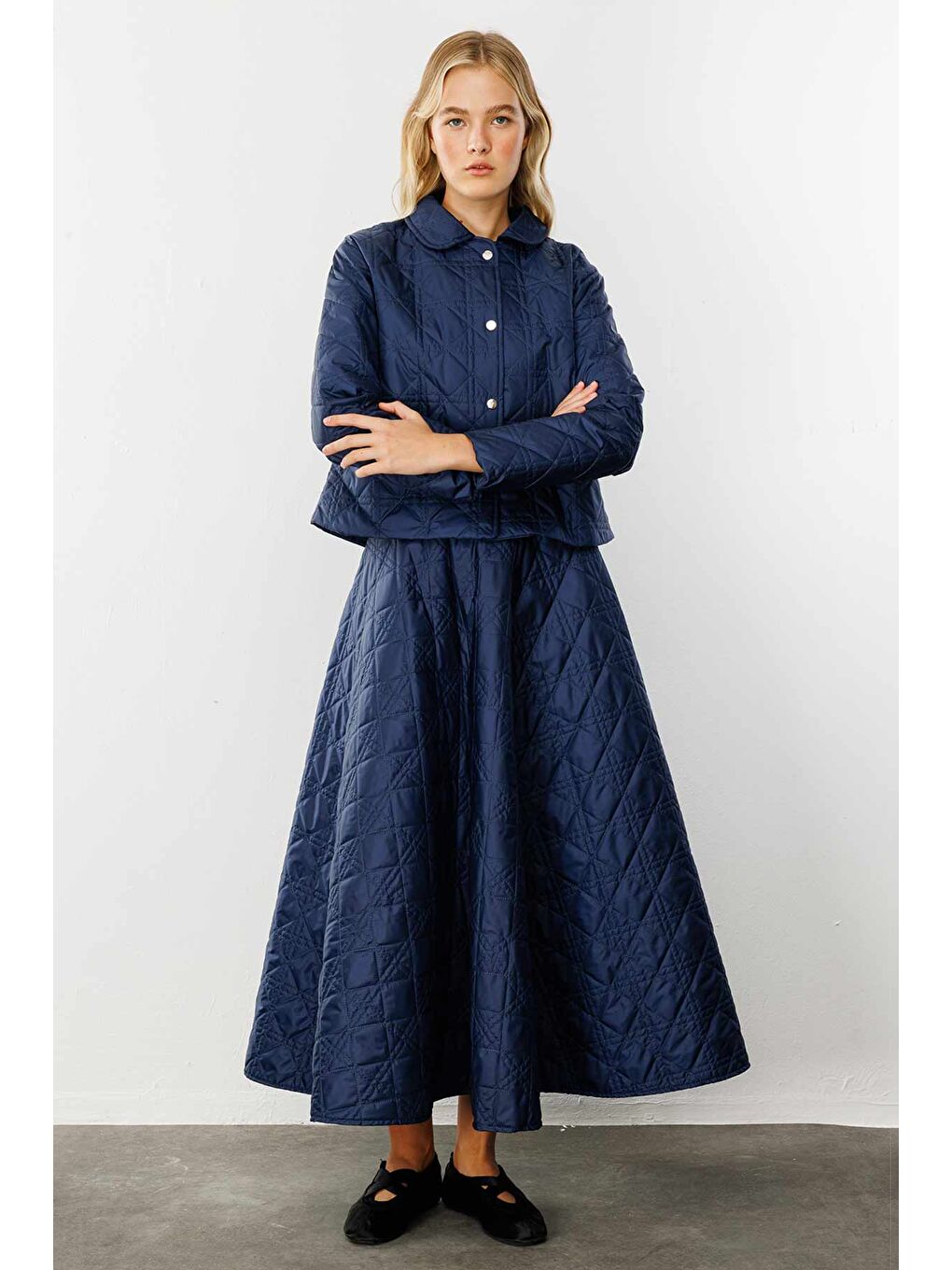 Kapitone Lacivert Crop Ceket-2