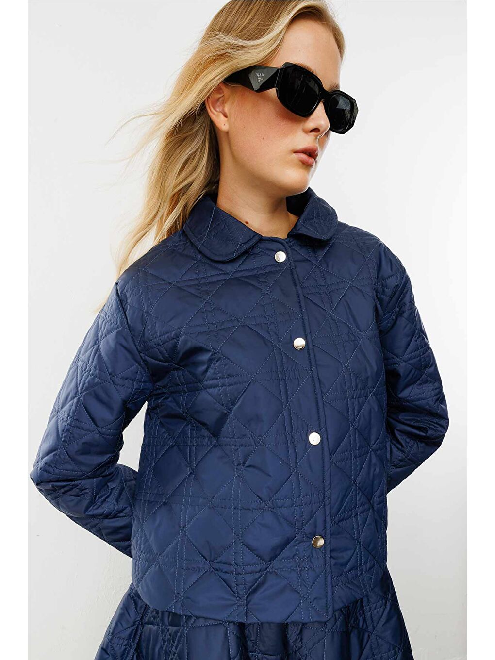 Kapitone Lacivert Crop Ceket-3