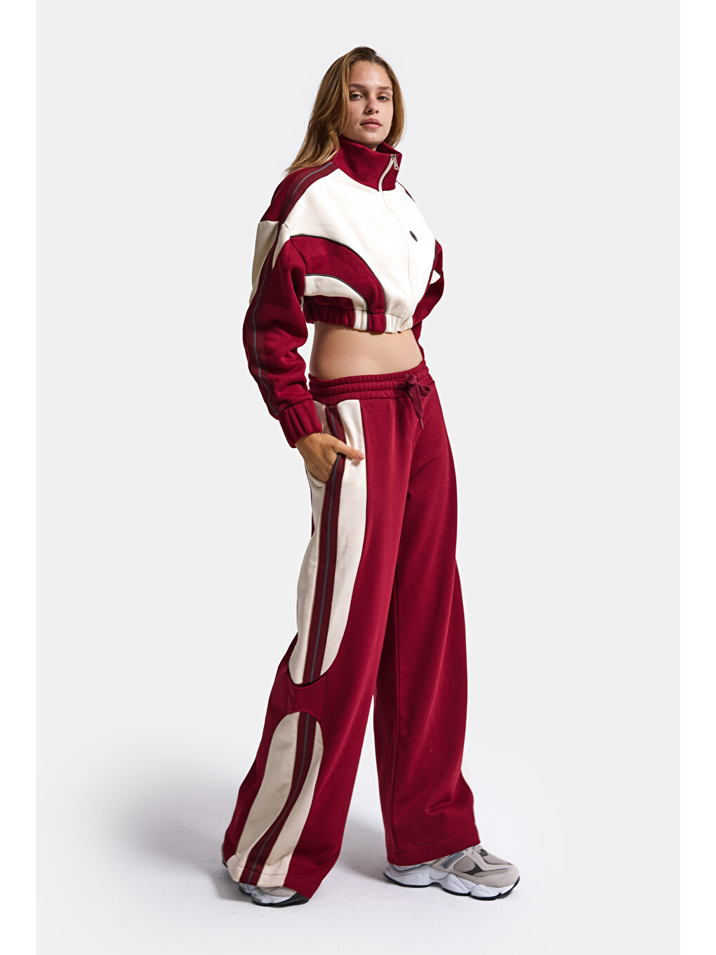 Kadın Bordo Bej W6-35 Crop Sweatshirt Eşofman Pantolon 2'li Tasarım Takım-3