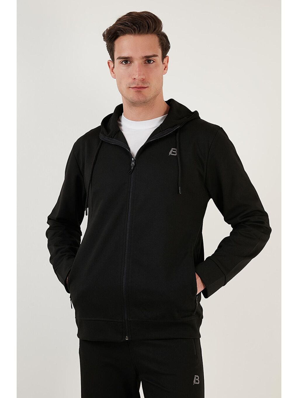 Siyah Slim Fit Fermuarlı Cepli Kapüşonlu Eşofman Takımı 651004-3