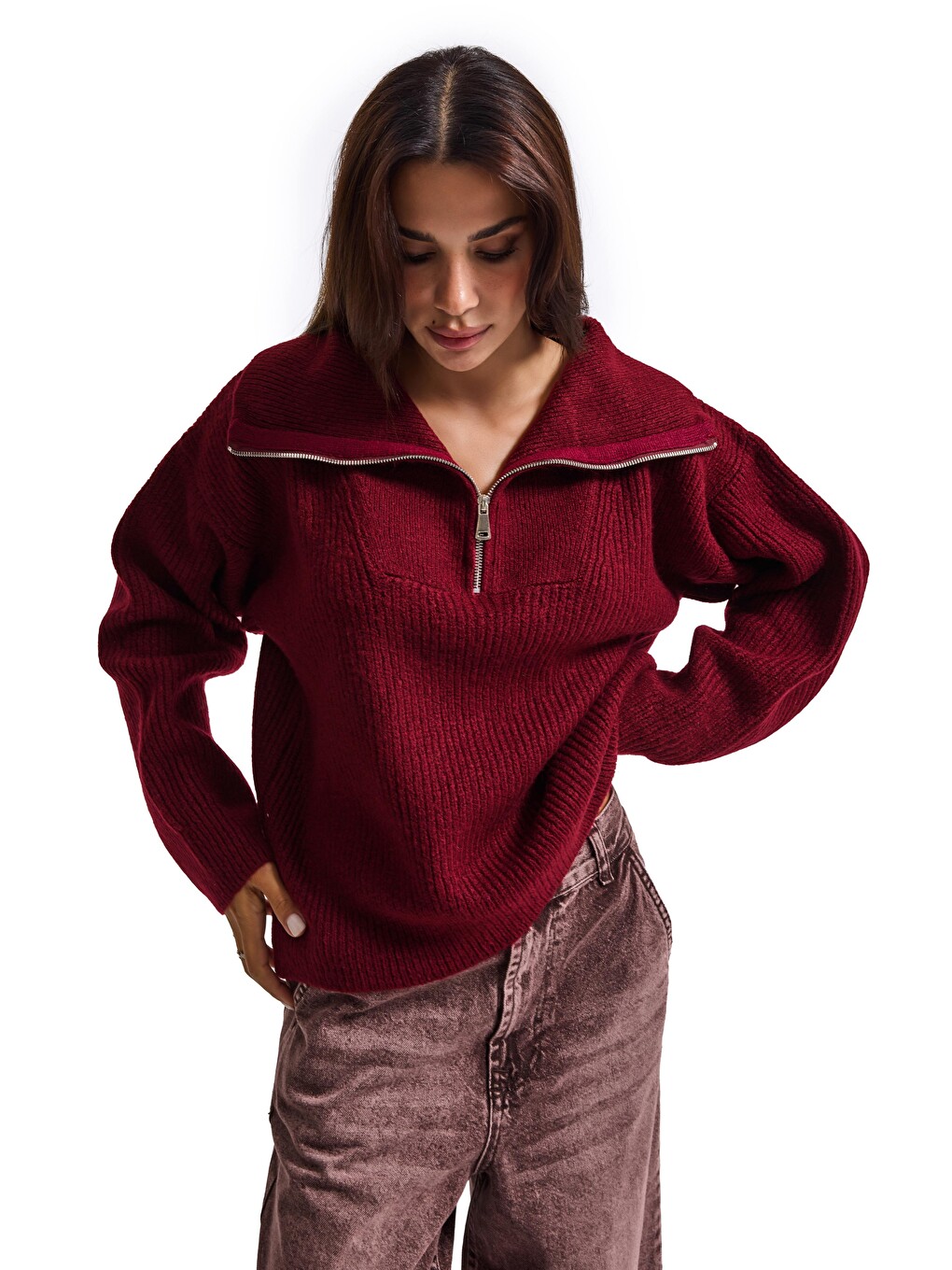 Kadın Bordo W6-35 Oversize Fermuarlı Triko Kazak-6