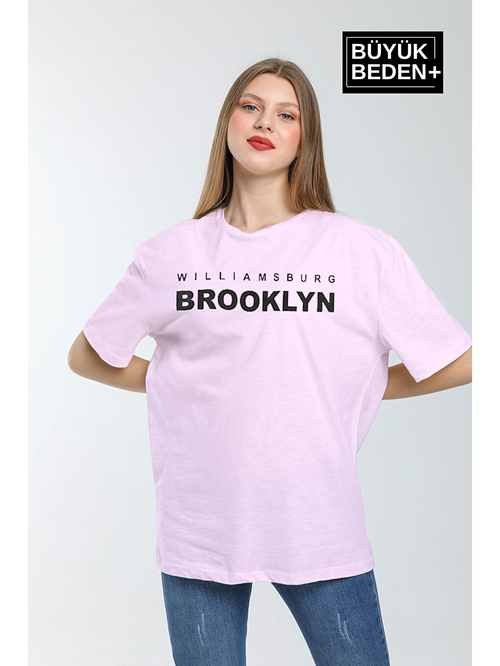 Pembe Kadın Büyük Beden Willams.Brooklyn Baskılı Bisiklet Yaka Tshırt SPR25BTSK15-1