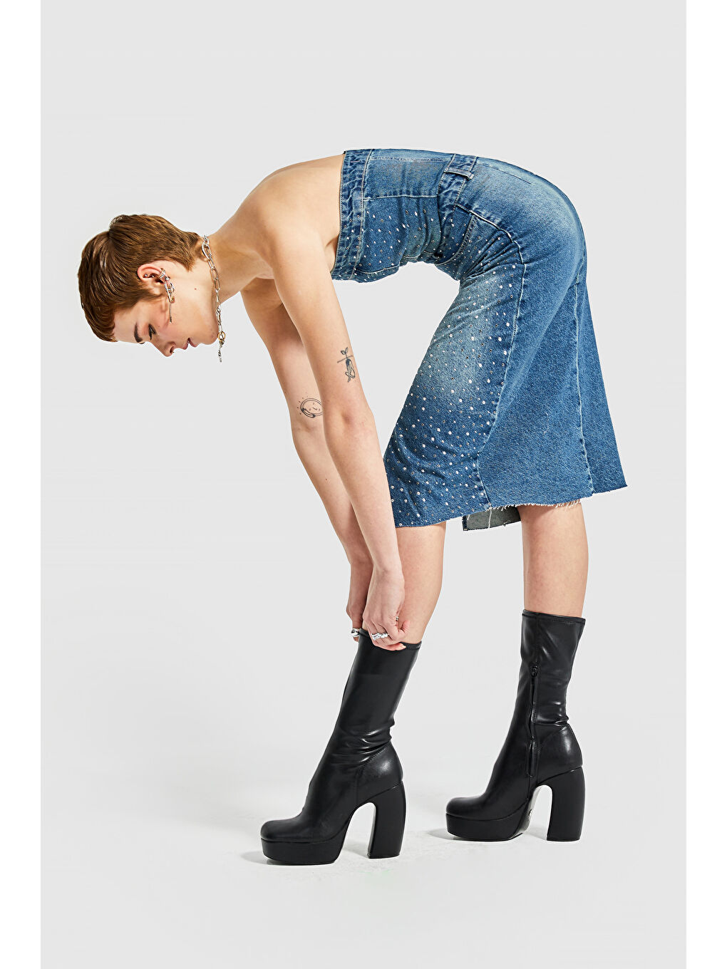 Mavi Kadın Tint jean Rengi Elastanlı Parlak Taşlı Straplez Denim Elbise-3