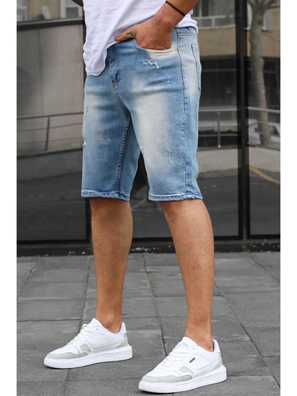 Mavi Taşlanmış Erkek Jean Şort 6347