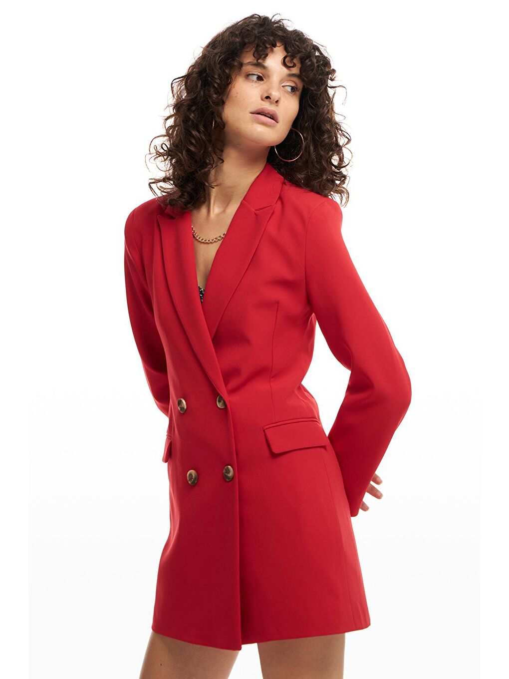Kruvaze Yaka Ceket Elbise Kırmızı-2