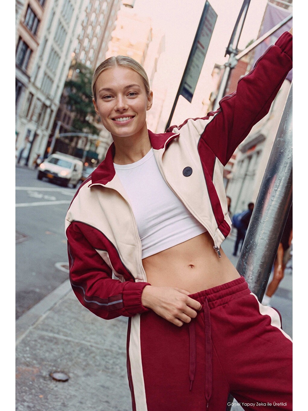 Kadın Bordo Bej W6-35 Crop Sweatshirt Eşofman Pantolon 2'li Tasarım Takım-4
