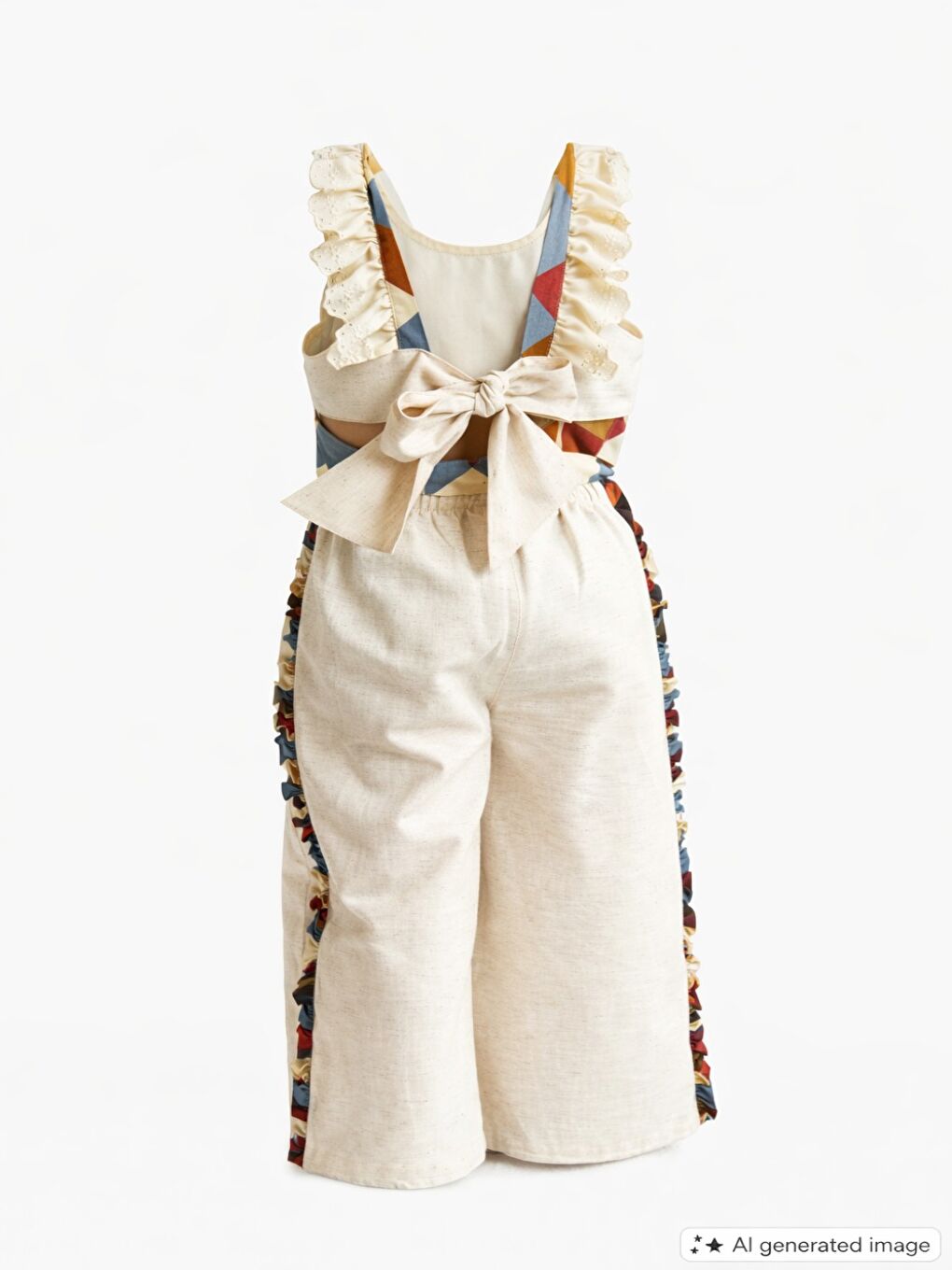 Bej Kız Çocuk Kolları Volanlı Sırt Kurdela Detaylı Askılı Salopet Tulum-1