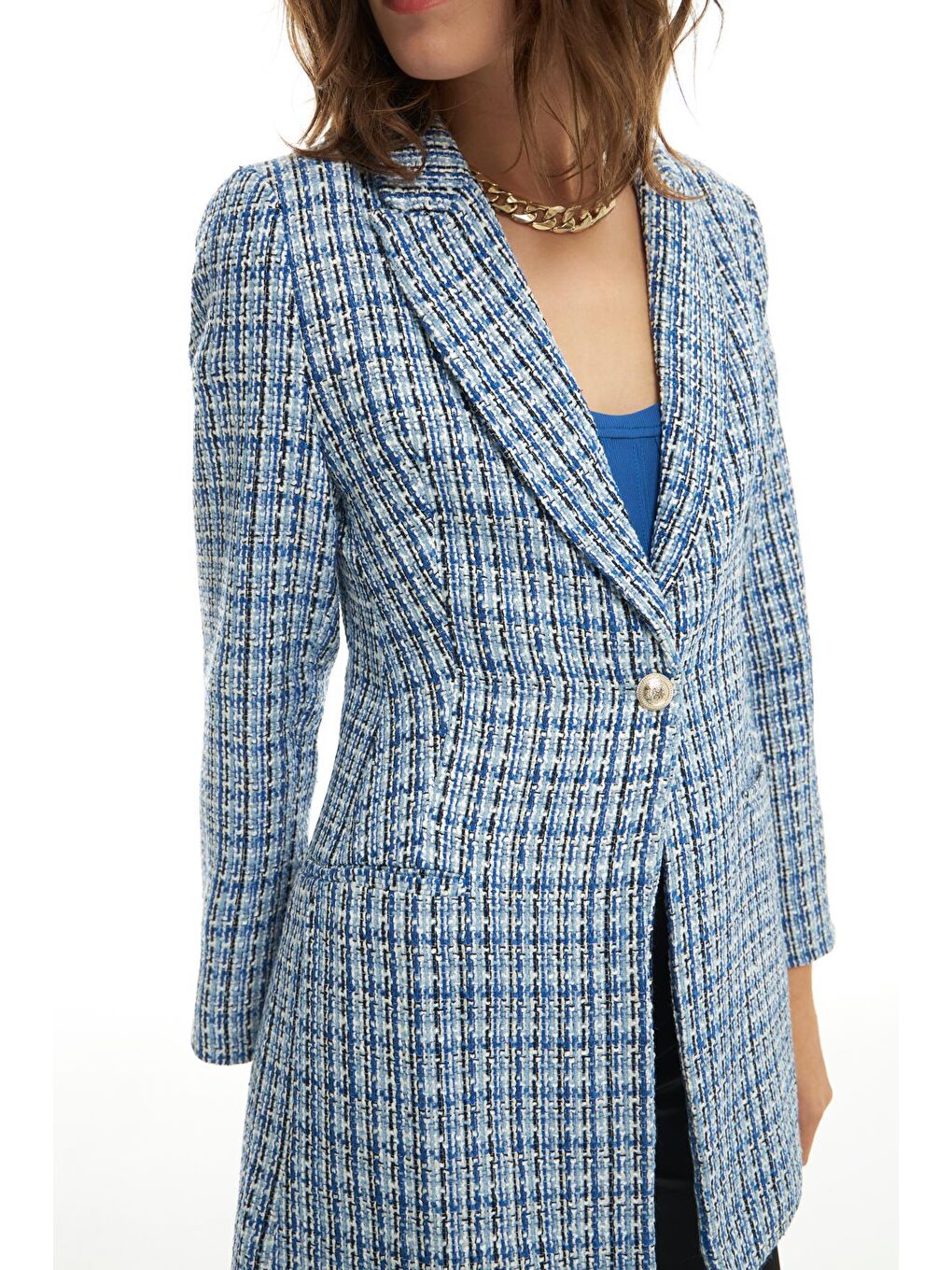 Tek Düğmeli Tüvit Blazer Ceket Mavi-3