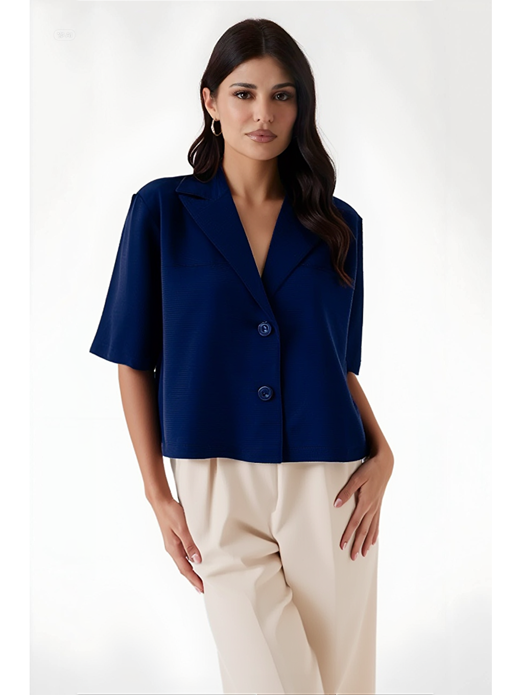 Kadın Lacivert Kısa Kollu Şal Yaka Düğmeli Mevsimlik Keten Görünümlü Ayrobin Ceket HZL24S-BD107061