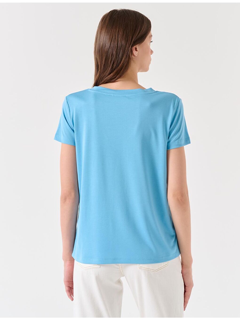 Gök Mavisi Düz Kesim V Yaka Kısa Kollu Örme Basic Tişört-3