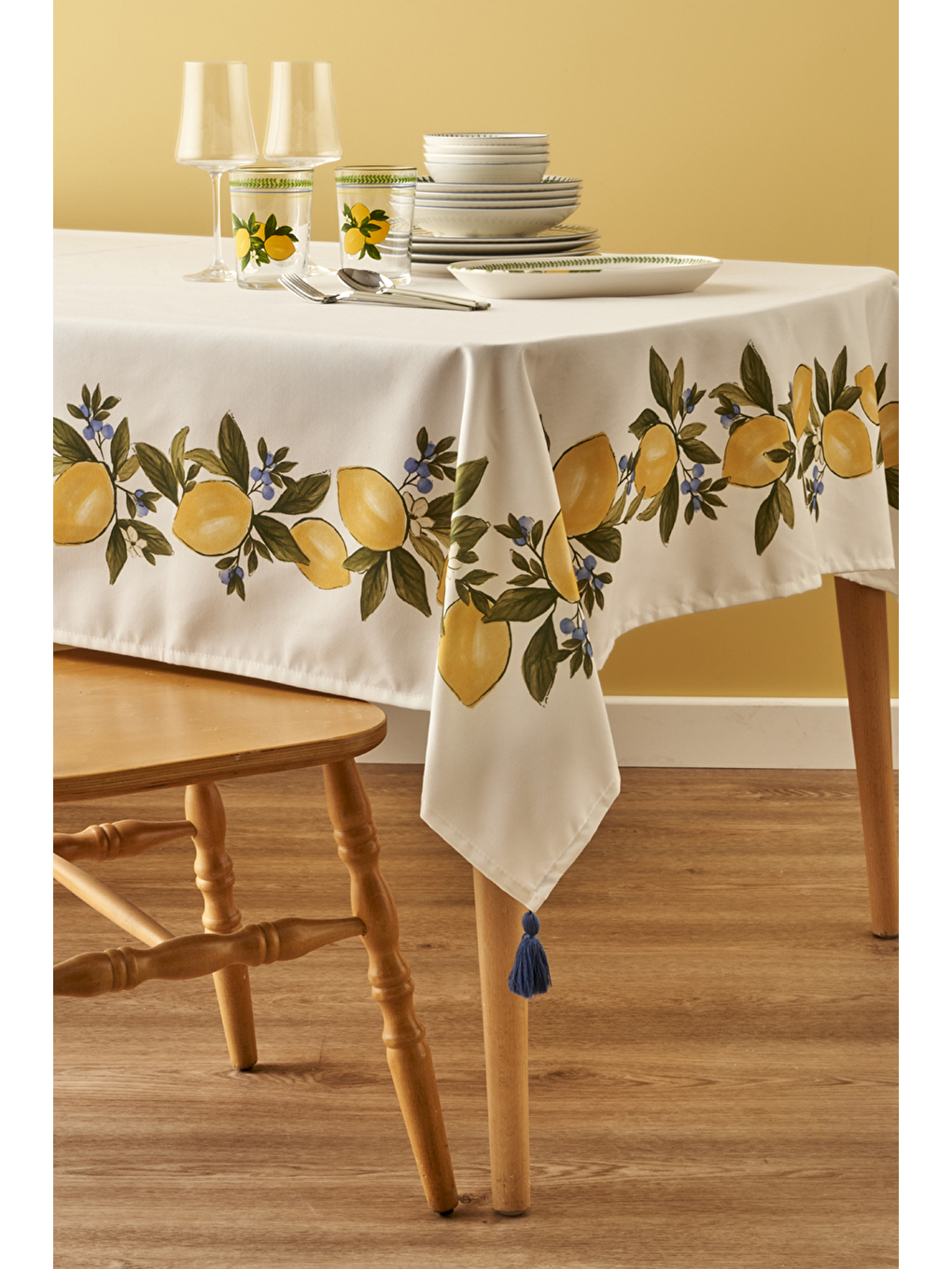 Limonlu Pamuklu Masa Örtüsü Sarı (150x250 Cm)-1