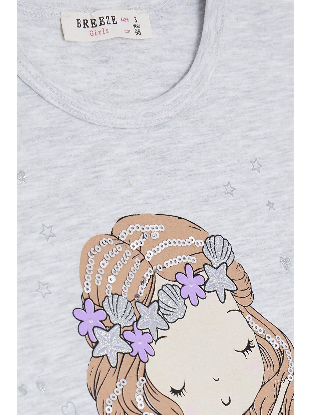 Kız Çocuk Tişört Sevimli Deniz Kızı Baskılı Açık Gri Melanj (3-6 Yaş)-2