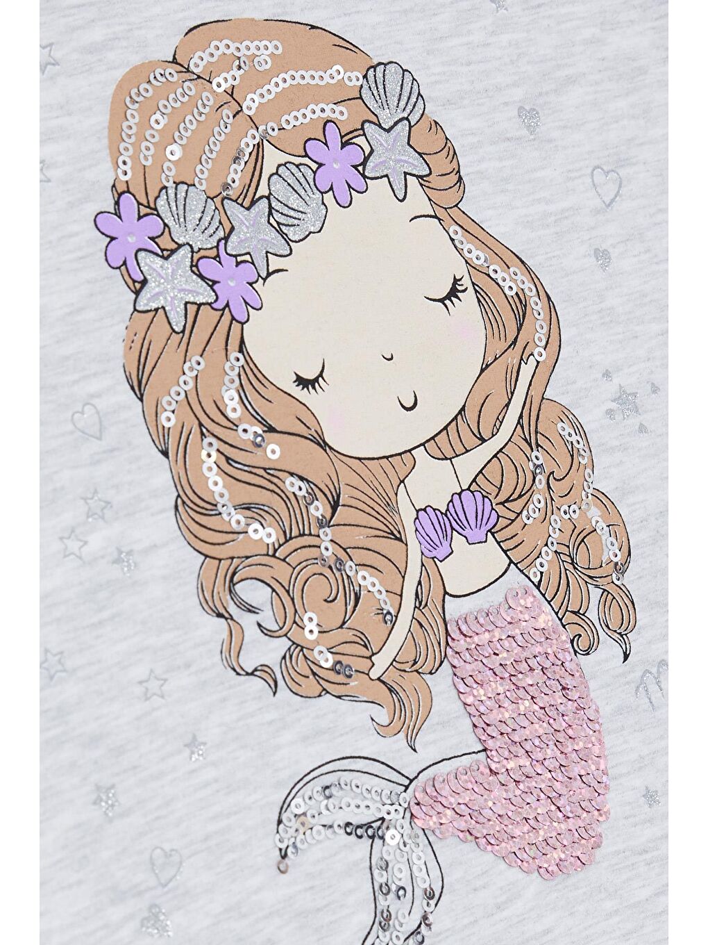 Kız Çocuk Tişört Sevimli Deniz Kızı Baskılı Açık Gri Melanj (3-6 Yaş)-3