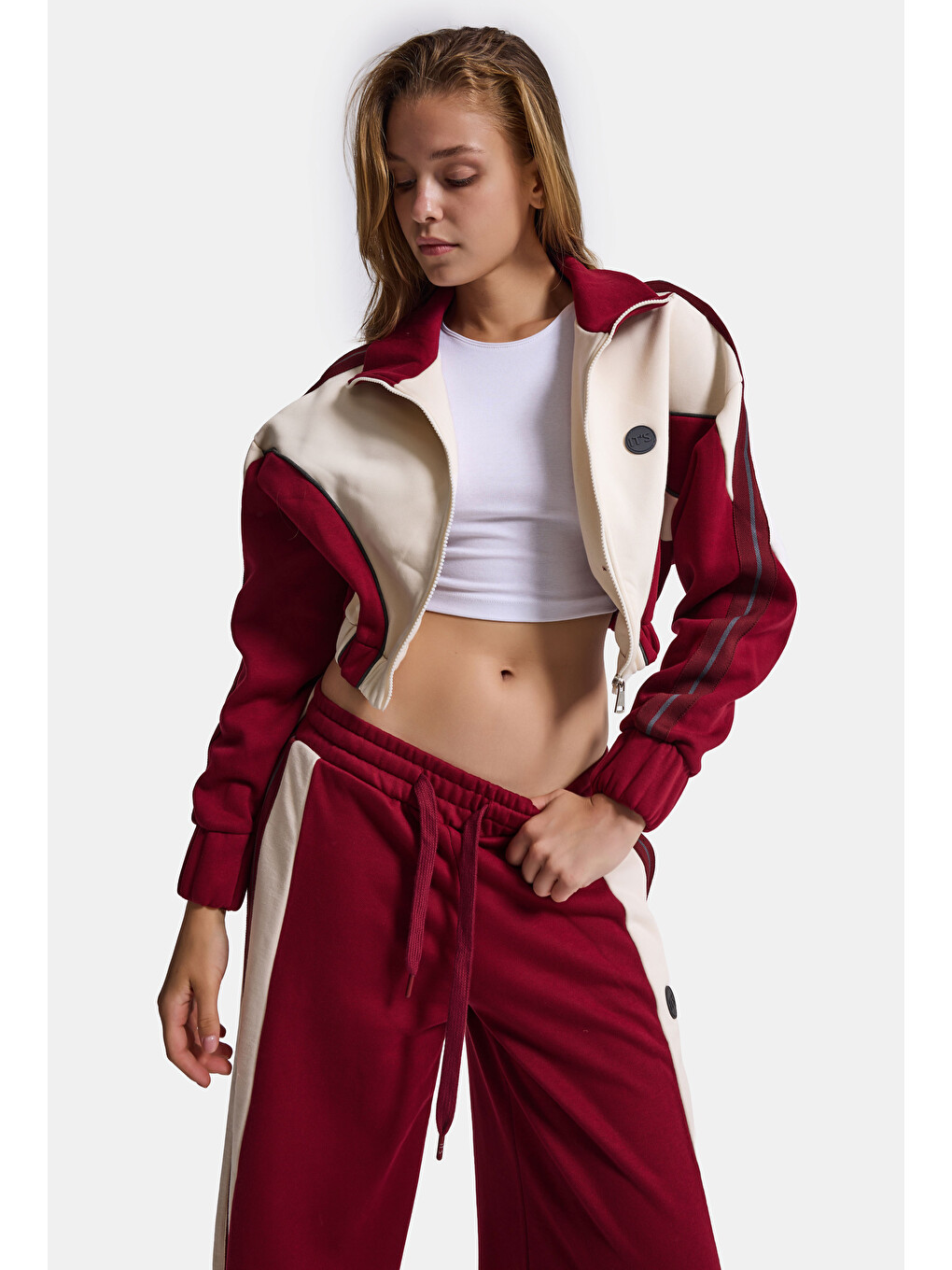 Kadın Bordo Bej W6-35 Crop Sweatshirt Eşofman Pantolon 2'li Tasarım Takım-6