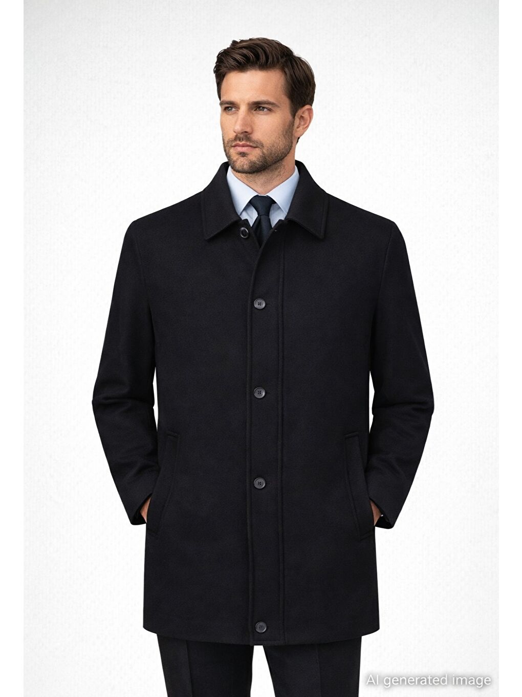 Siyah Regular Fit Bebe Yaka Yünlü Kaban