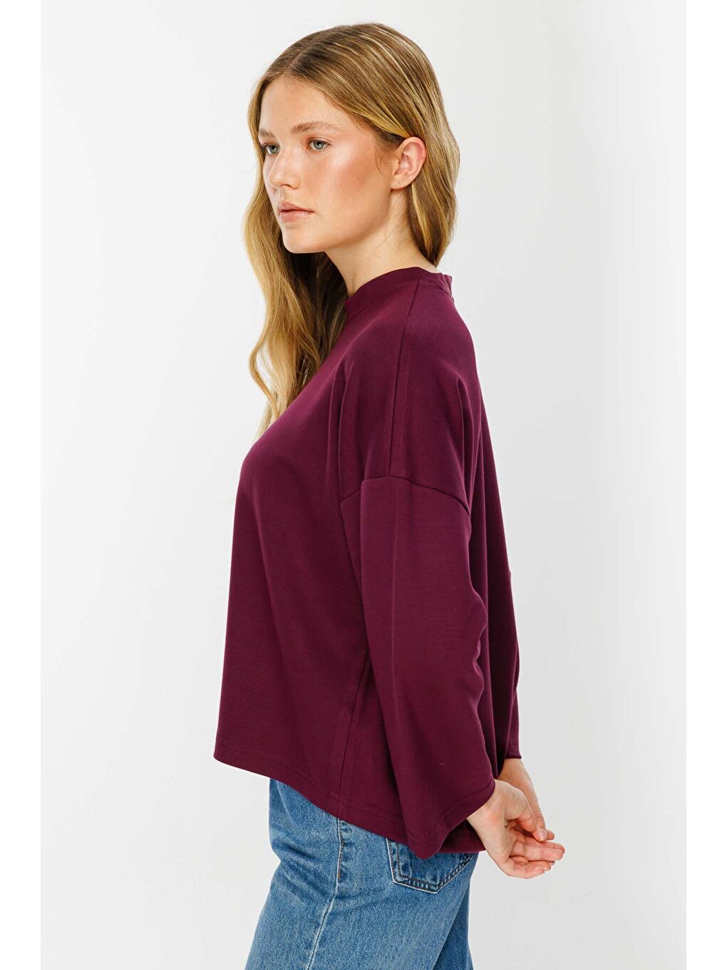 Mürdüm Uzun Kollu Oversize Vişne Tshirt-1