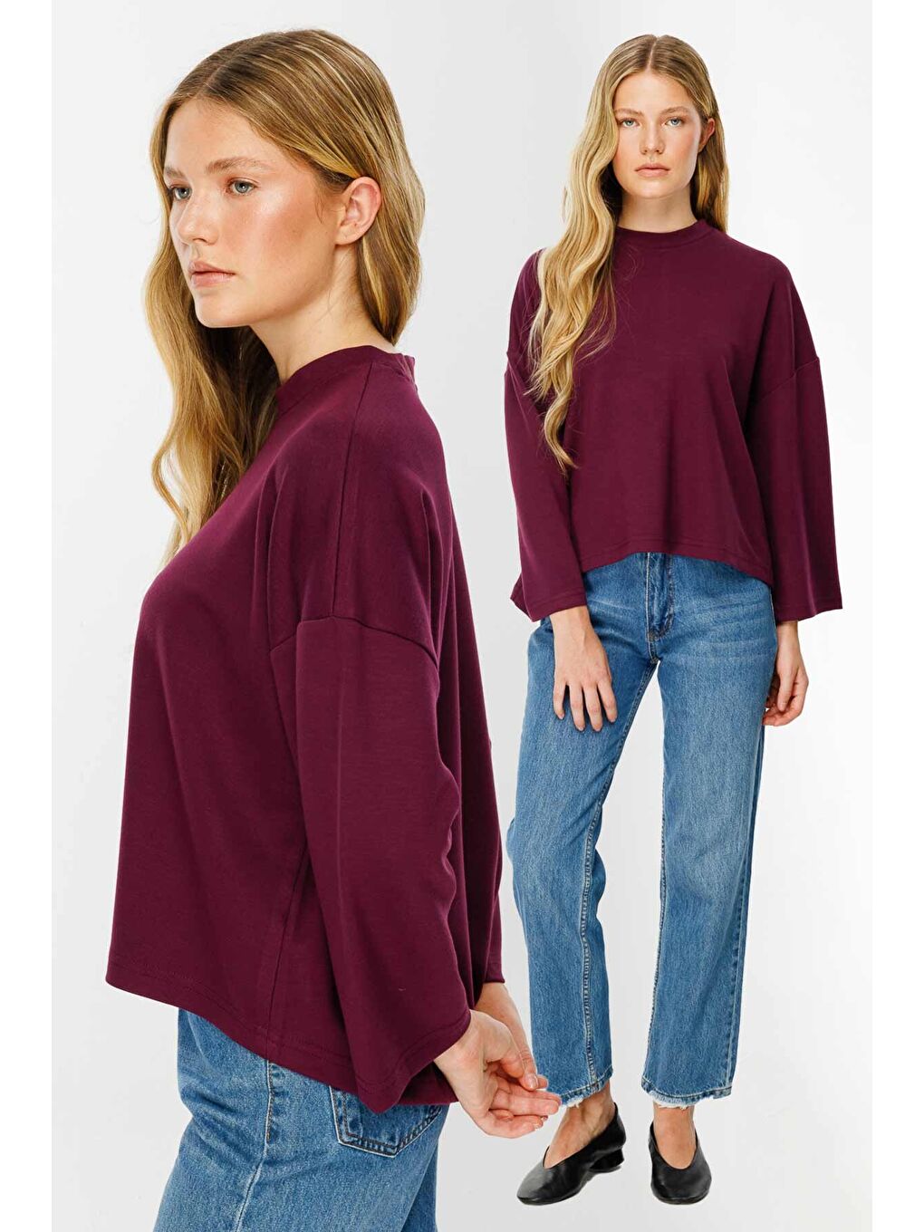 Mürdüm Uzun Kollu Oversize Vişne Tshirt-2