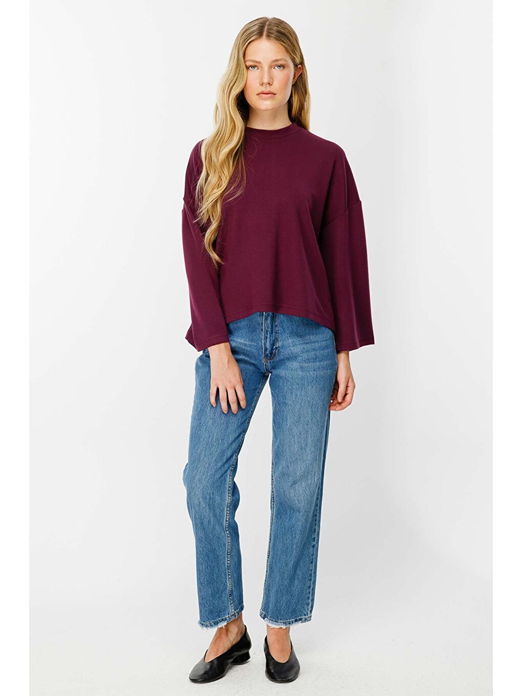 Mürdüm Uzun Kollu Oversize Vişne Tshirt-3