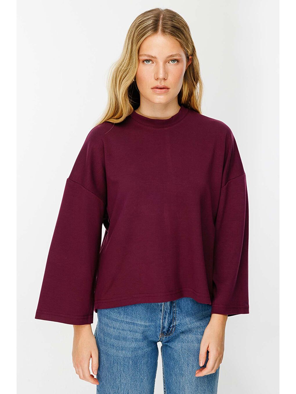 Mürdüm Uzun Kollu Oversize Vişne Tshirt-4