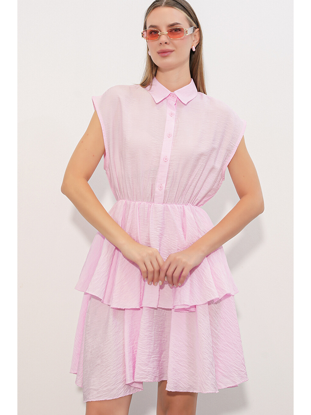 Kadın Sıfır Kol Kat Elbise 2622 - Pembe-2