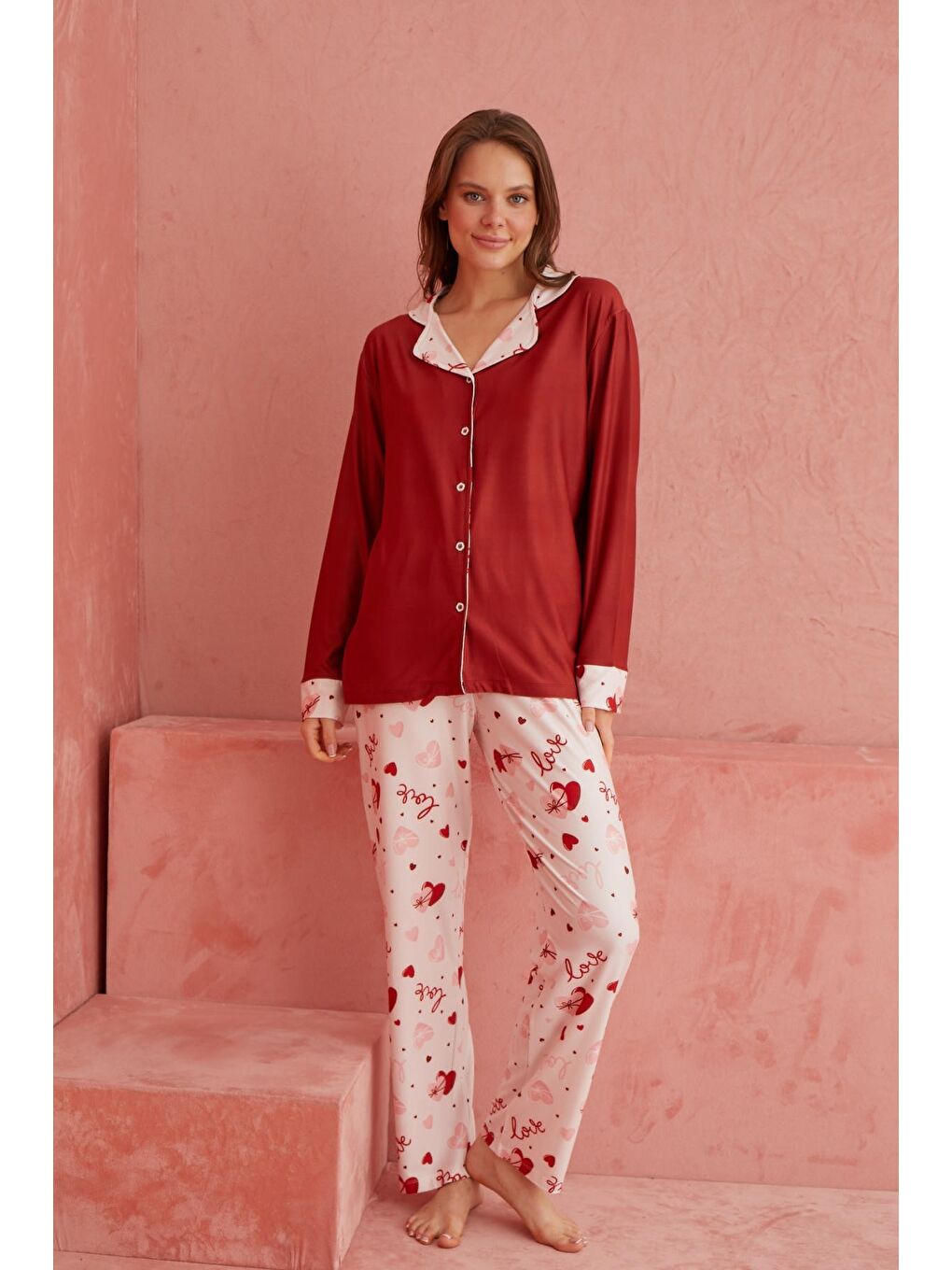 Bordo Kalp Desenli Önden Düğmeli Uzun Kollu Örme Pijama Takımı 1182-12-1