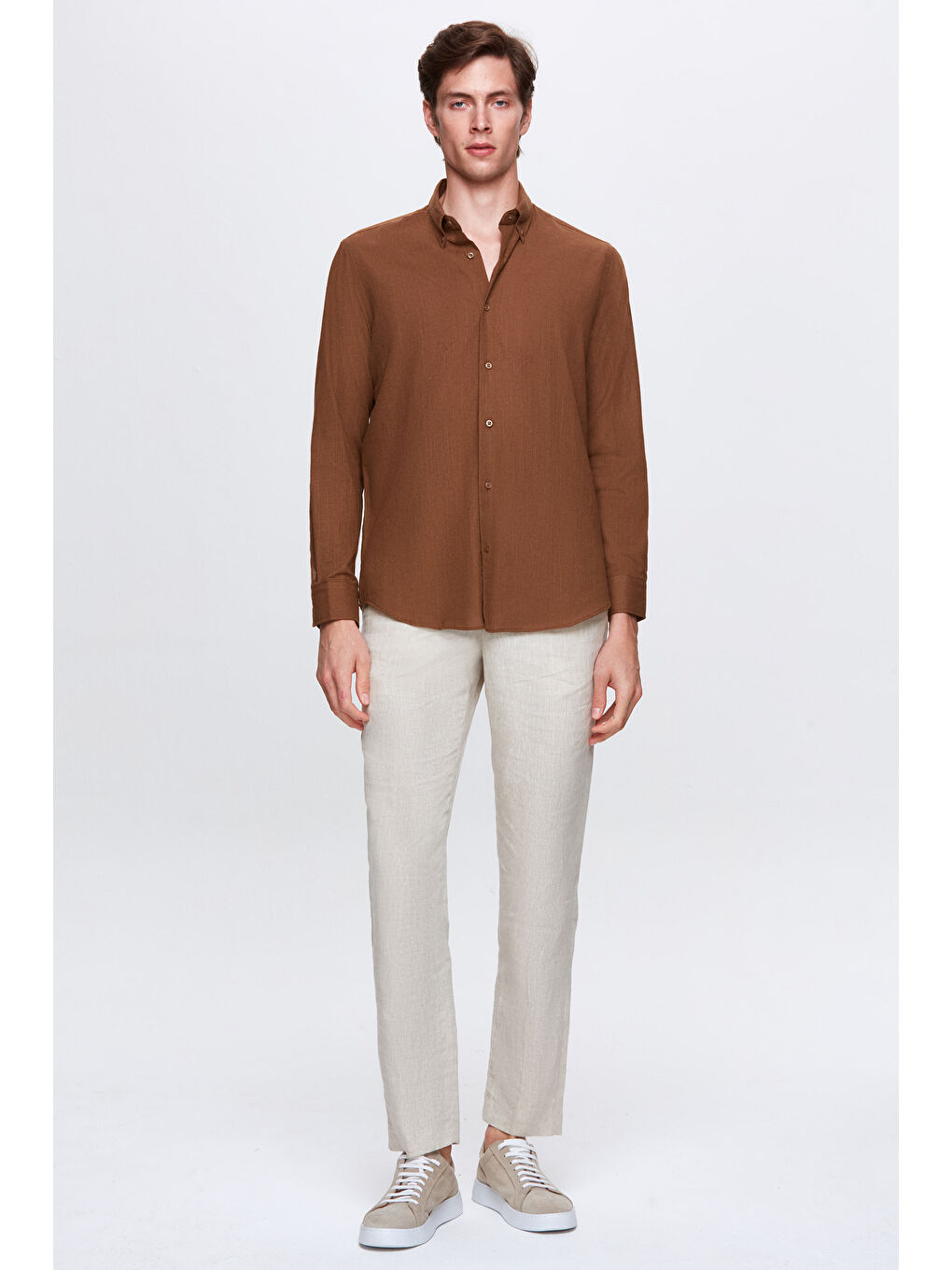 Comfort Kahverengi Düğmeli Yaka Rahat Kesim Keten Görünümlü %100 Pamuk Gömlek-3