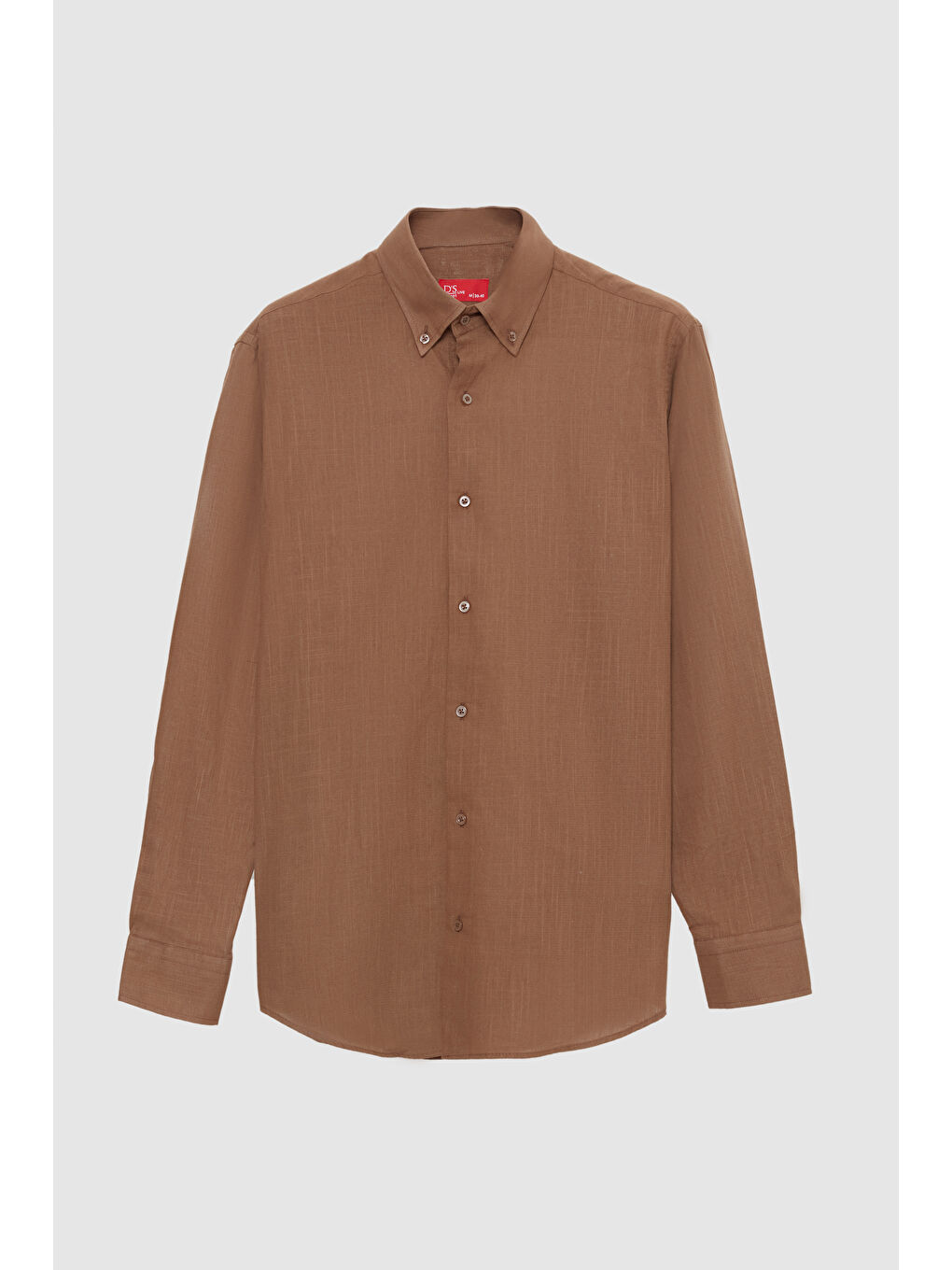 Comfort Kahverengi Düğmeli Yaka Rahat Kesim Keten Görünümlü %100 Pamuk Gömlek-4