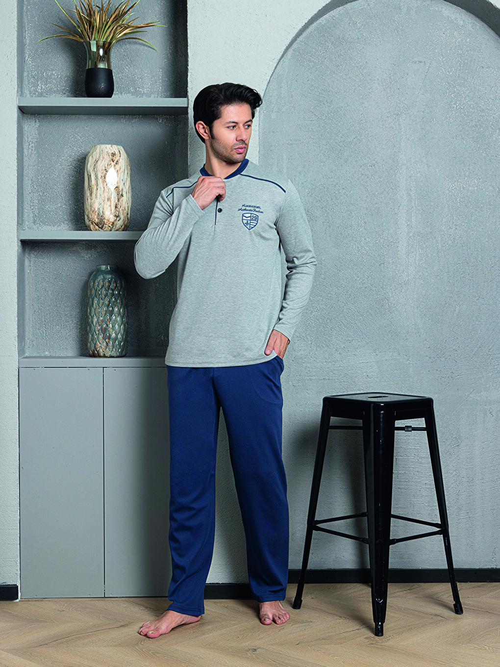 Lacivert Erkek Pijama Takımı İnterlok Omuz Ara Biyeli Pamuklu Mevsimlik
