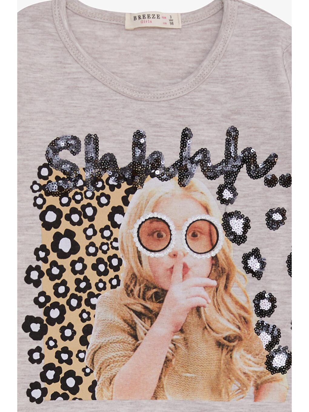 Kız Çocuk Uzun Kollu Tişört Pullu Kız Baskılı Bej Melanj (3-8 Yaş)-2