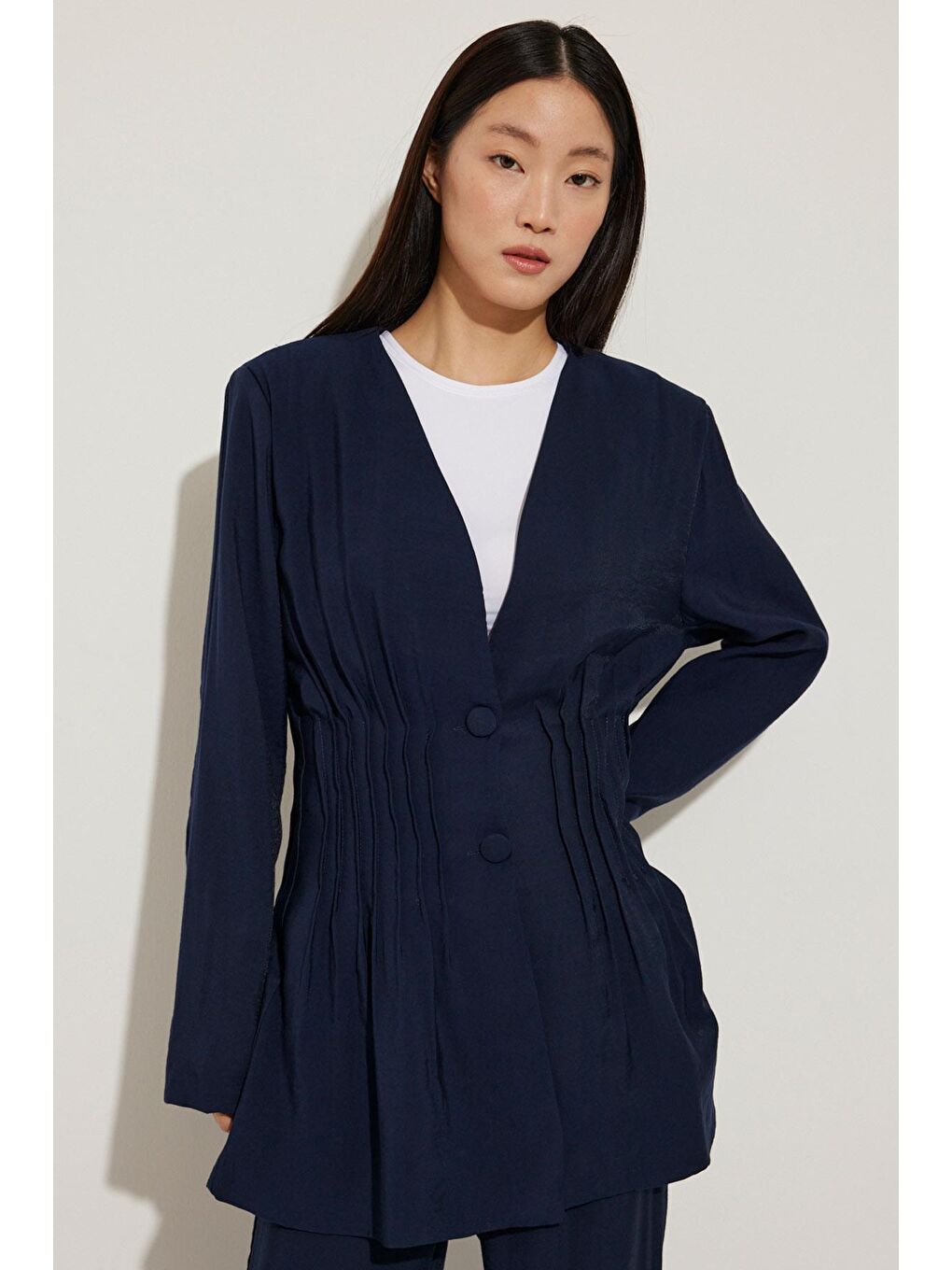 Nervür Detaylı Ceket - Lacivert-2
