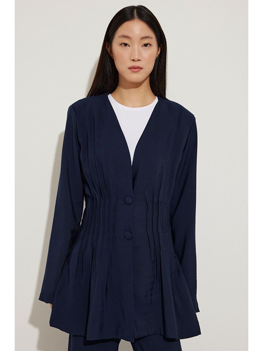 Nervür Detaylı Ceket - Lacivert-3