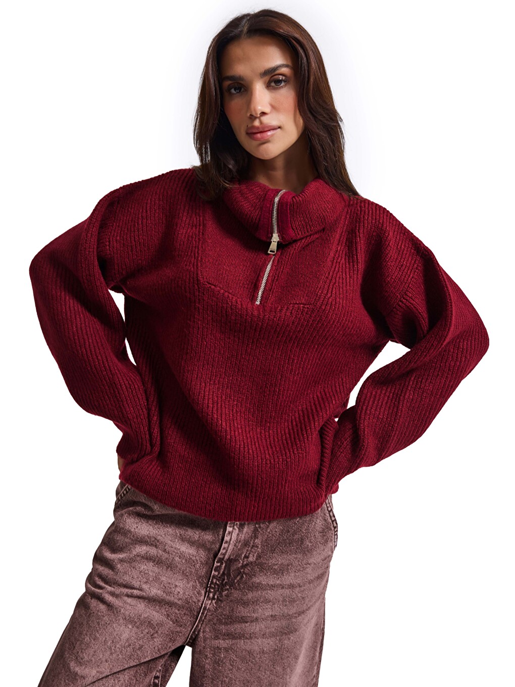Kadın Bordo W6-35 Oversize Fermuarlı Triko Kazak-1