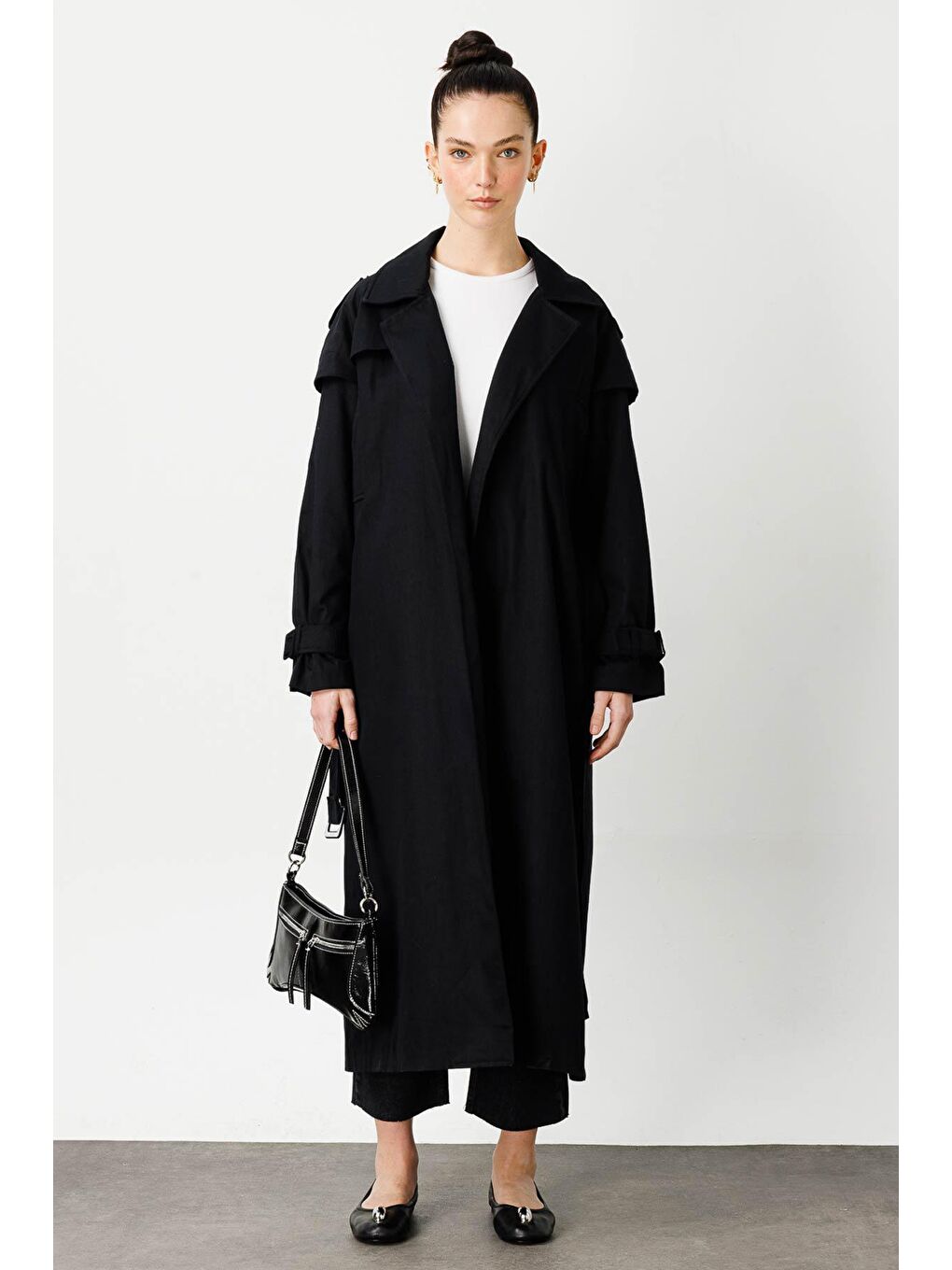 Aller Detaylı Siyah Gabardin Trençkot-1