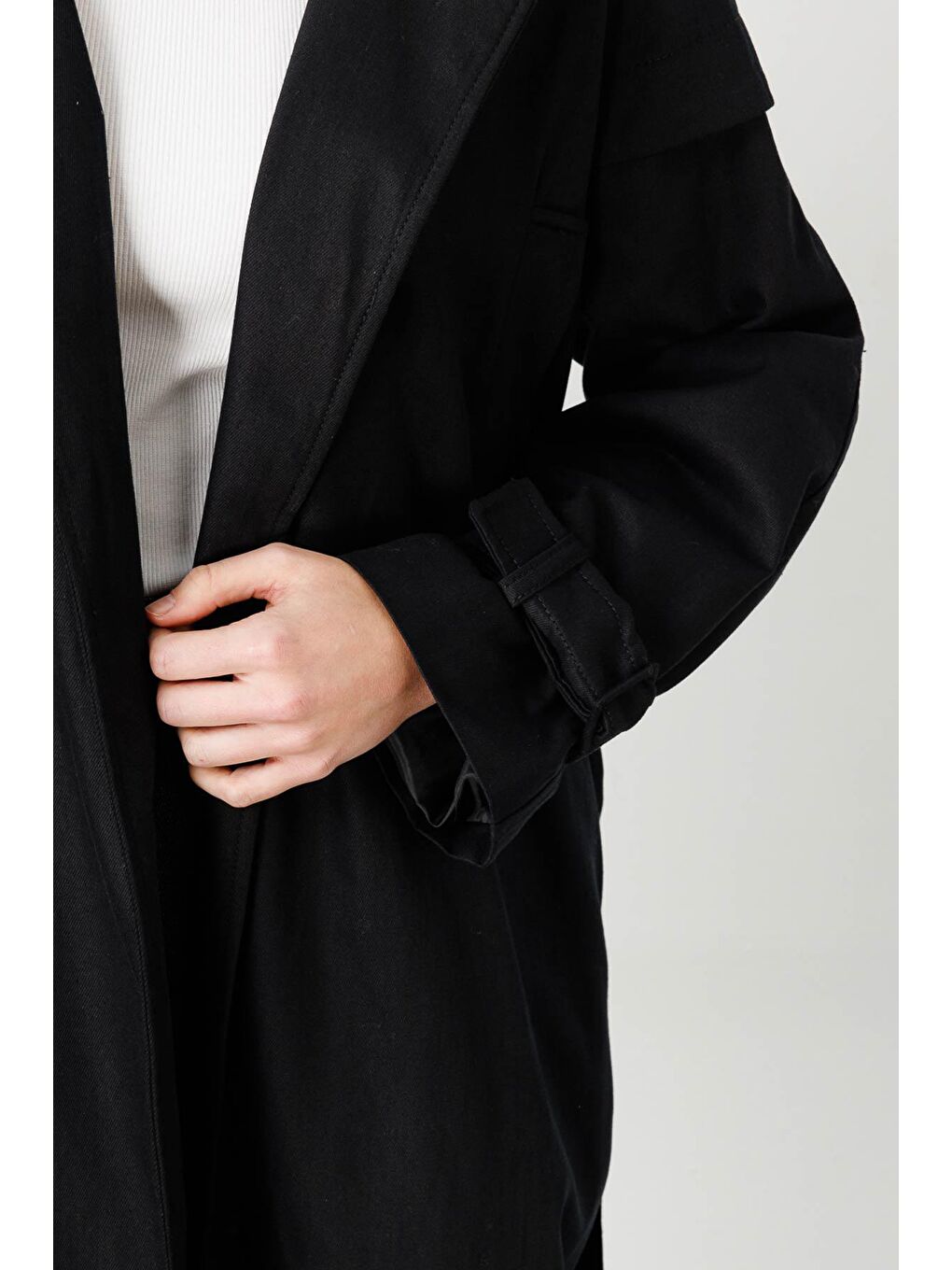 Aller Detaylı Siyah Gabardin Trençkot-2