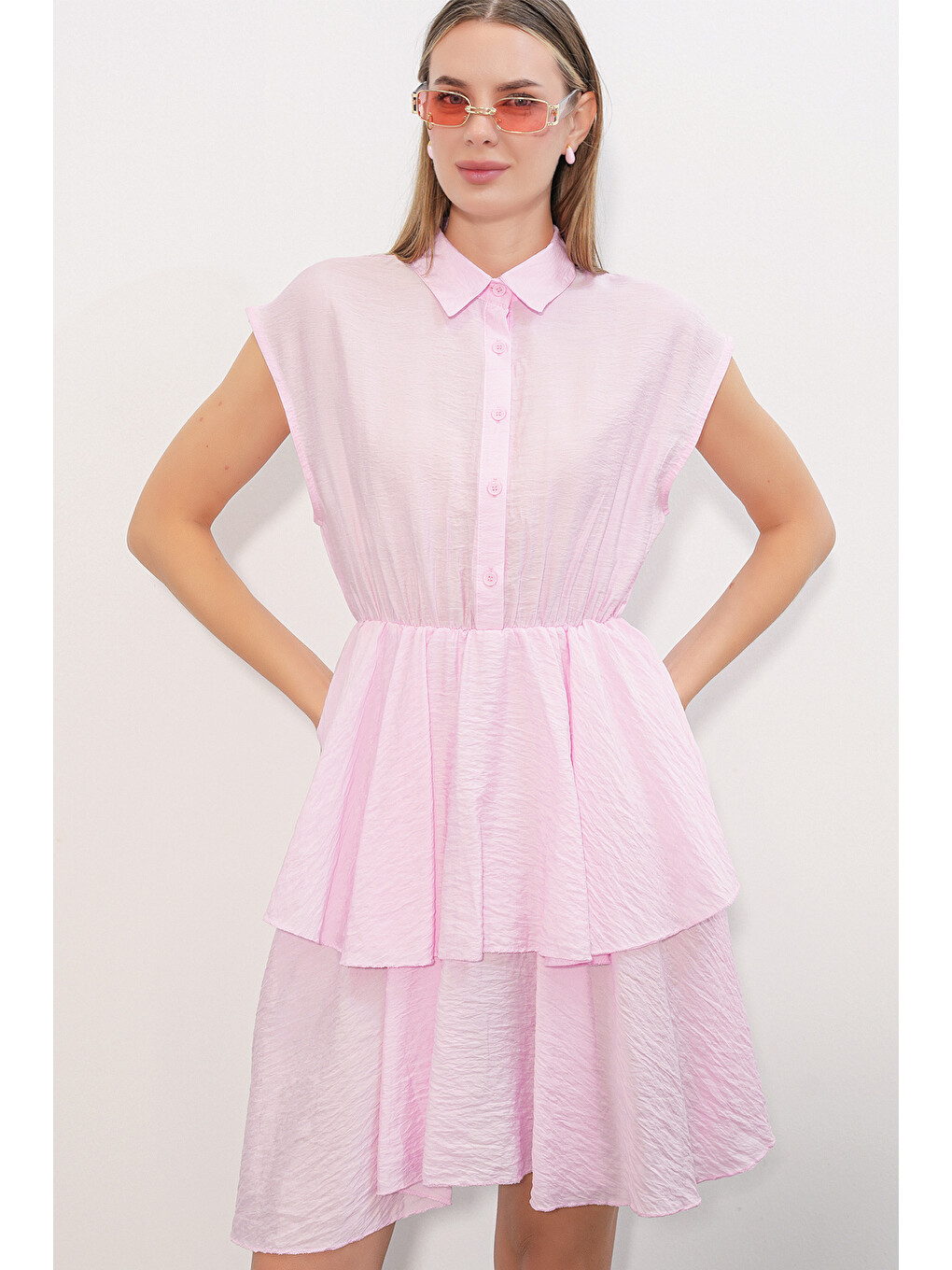 Kadın Sıfır Kol Kat Elbise 2622 - Pembe-3