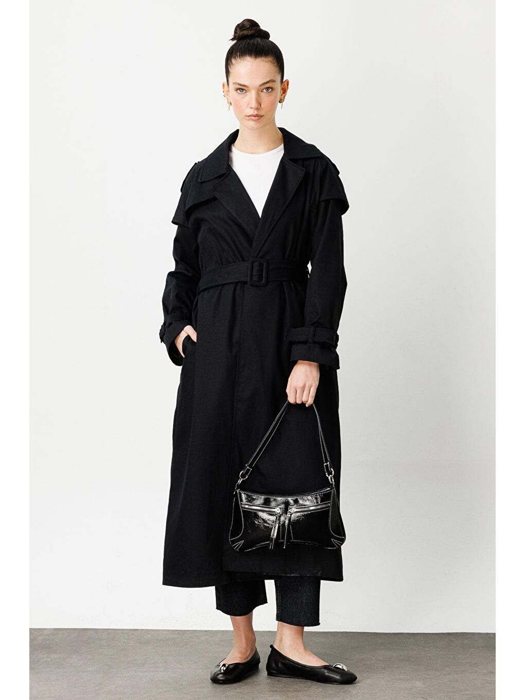 Aller Detaylı Siyah Gabardin Trençkot-3
