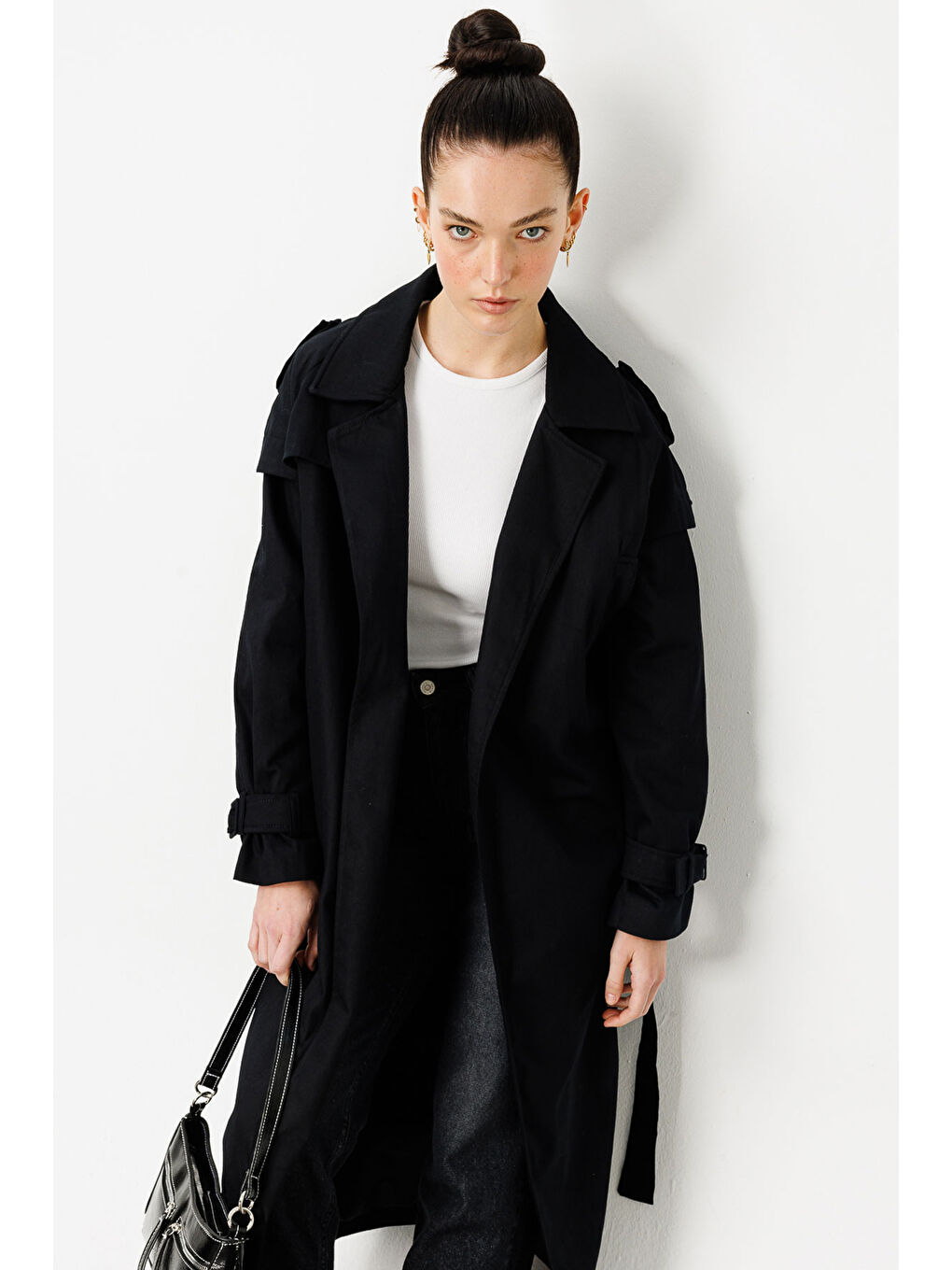 Aller Detaylı Siyah Gabardin Trençkot-4