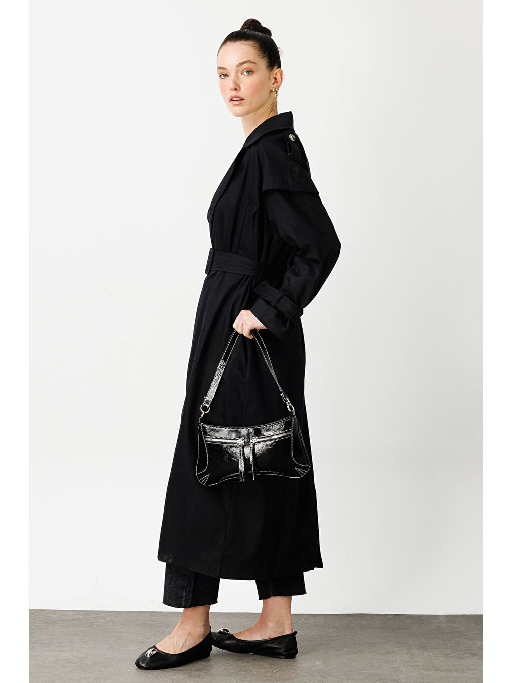 Aller Detaylı Siyah Gabardin Trençkot-5